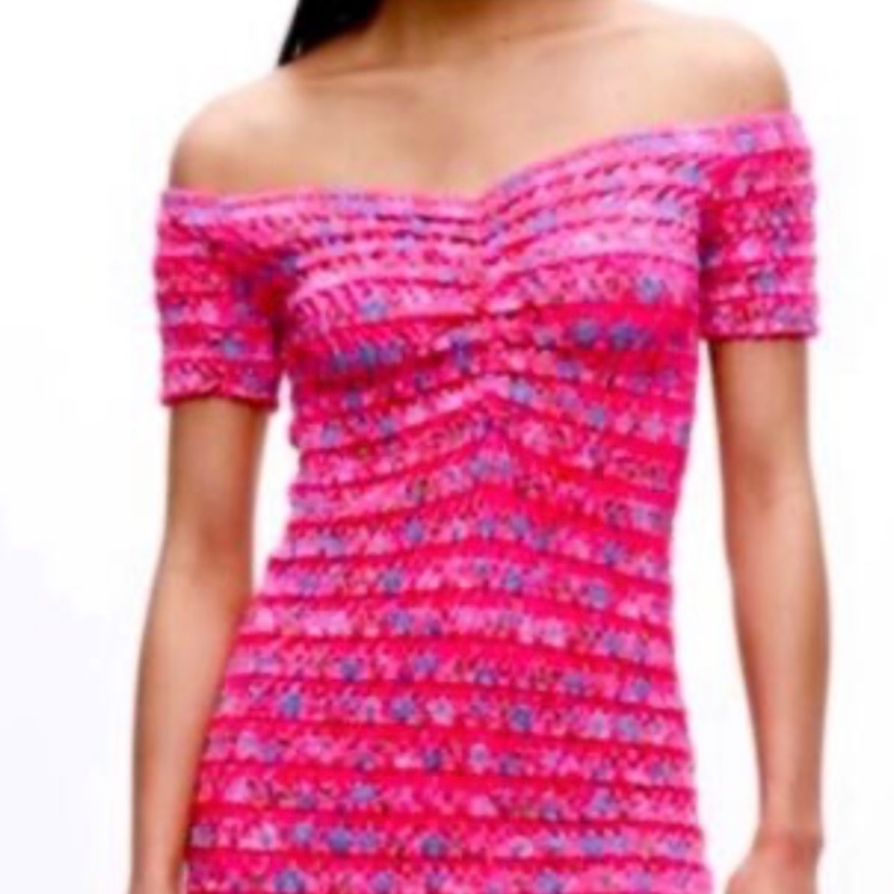 NWT  ZARA Hot  Pink Floral Smocked  Stretch Off Shoulder   Mini Dress Size L - Picture 13 of 13